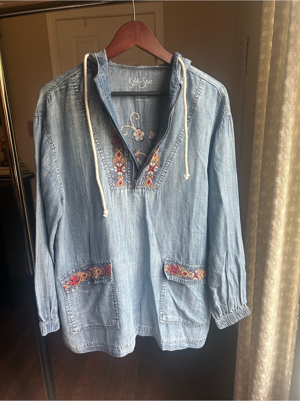 Kyla Seo Light Blue Embroidered Denim Hoodie Pullover